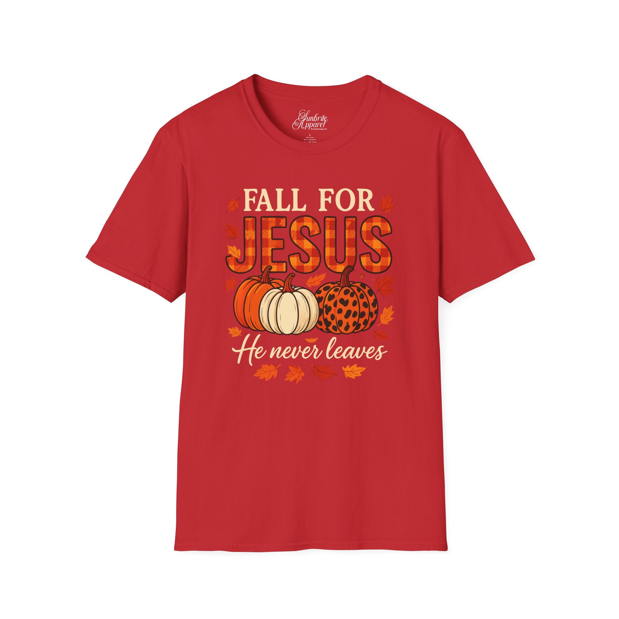 Christian Fall Unisex Softstyle T-Shirt - Fall for Jesus He Never Leaves Design