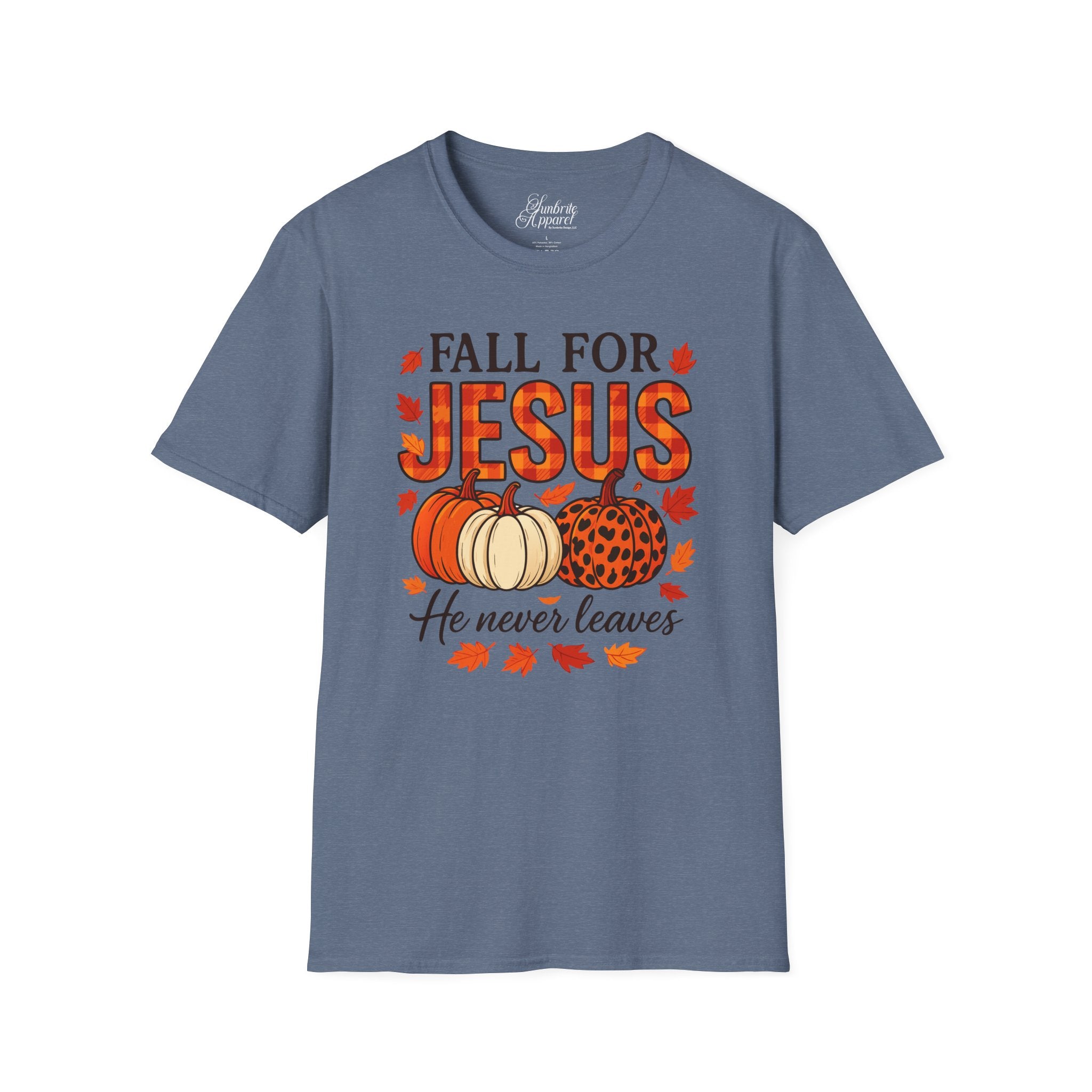Christian Fall Unisex Softstyle T-Shirt - Fall for Jesus He Never Leaves Design