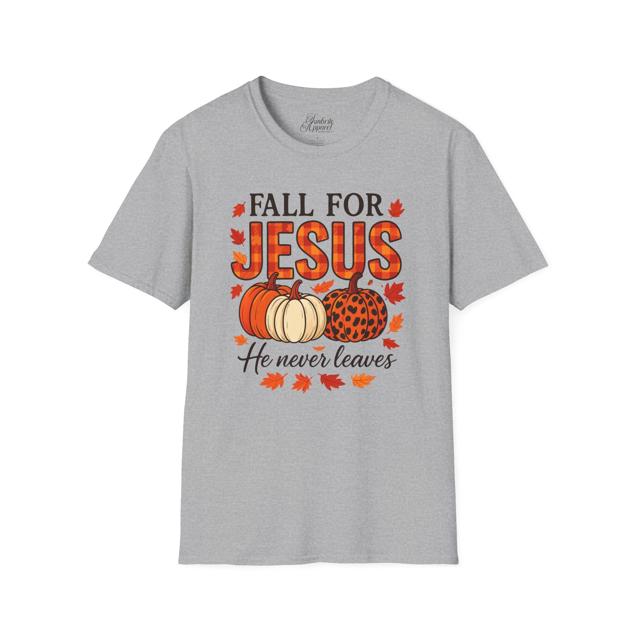 Christian Fall Unisex Softstyle T-Shirt - Fall for Jesus He Never Leaves Design