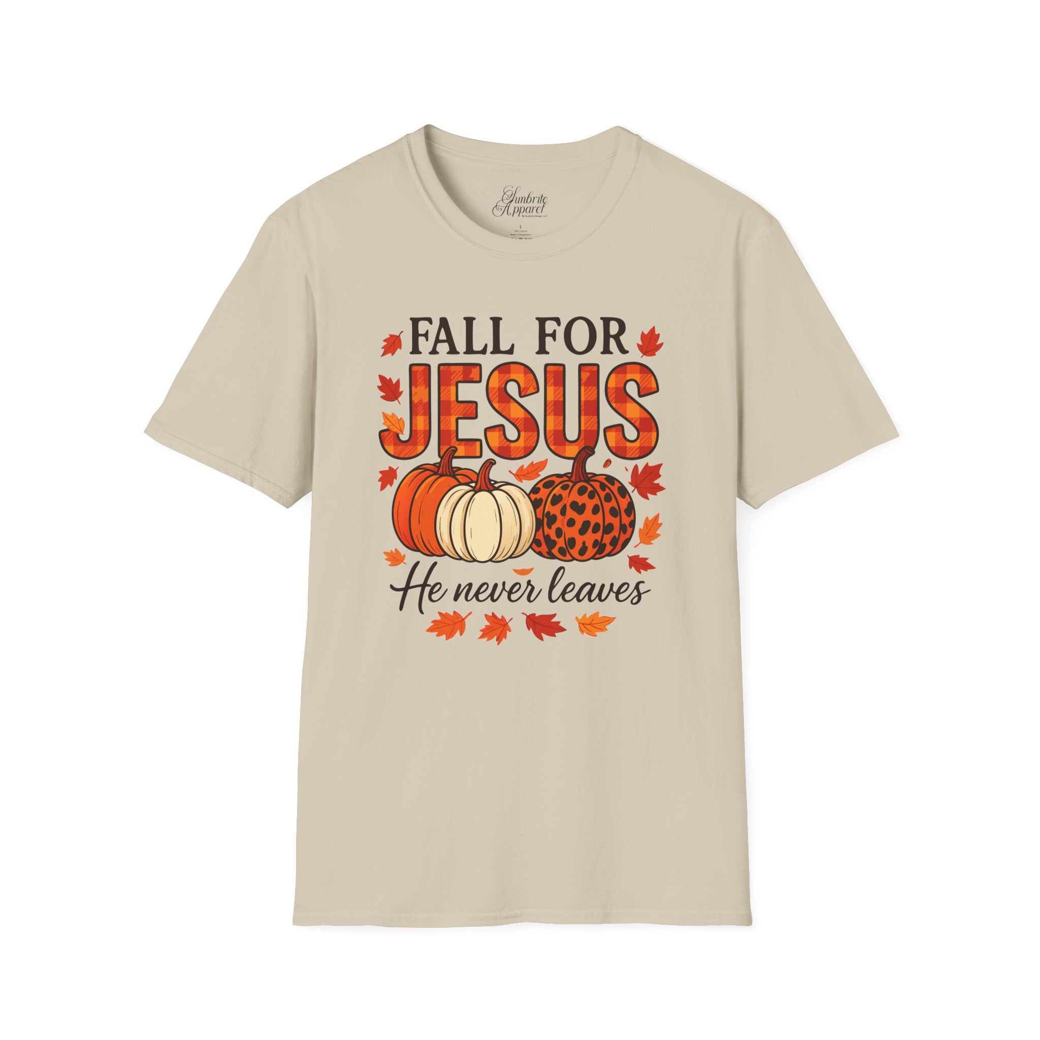 Christian Fall Unisex Softstyle T-Shirt - Fall for Jesus He Never Leaves Design