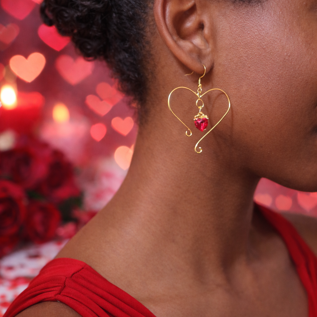 Woman wearing gold heart-shaped earrings with red stones against a blurred heart-patterned background