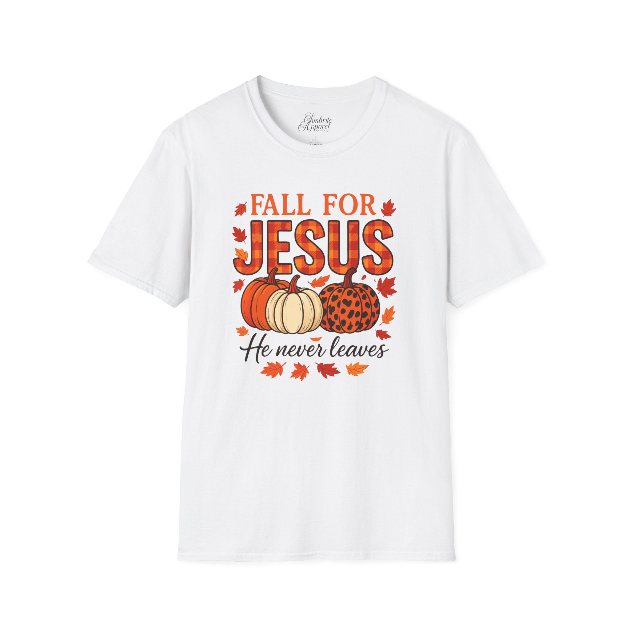 Christian Fall Unisex Softstyle T-Shirt - Fall for Jesus He Never Leaves Design