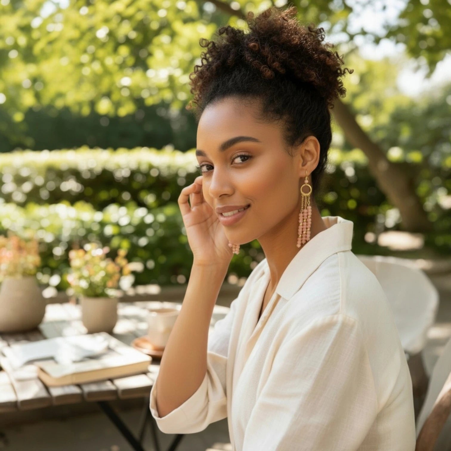 Woman in a white outfit sitting outdoors with greenery in the background