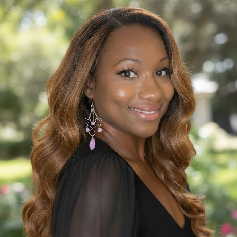Woman with long, wavy hair wearing a black top outdoors.