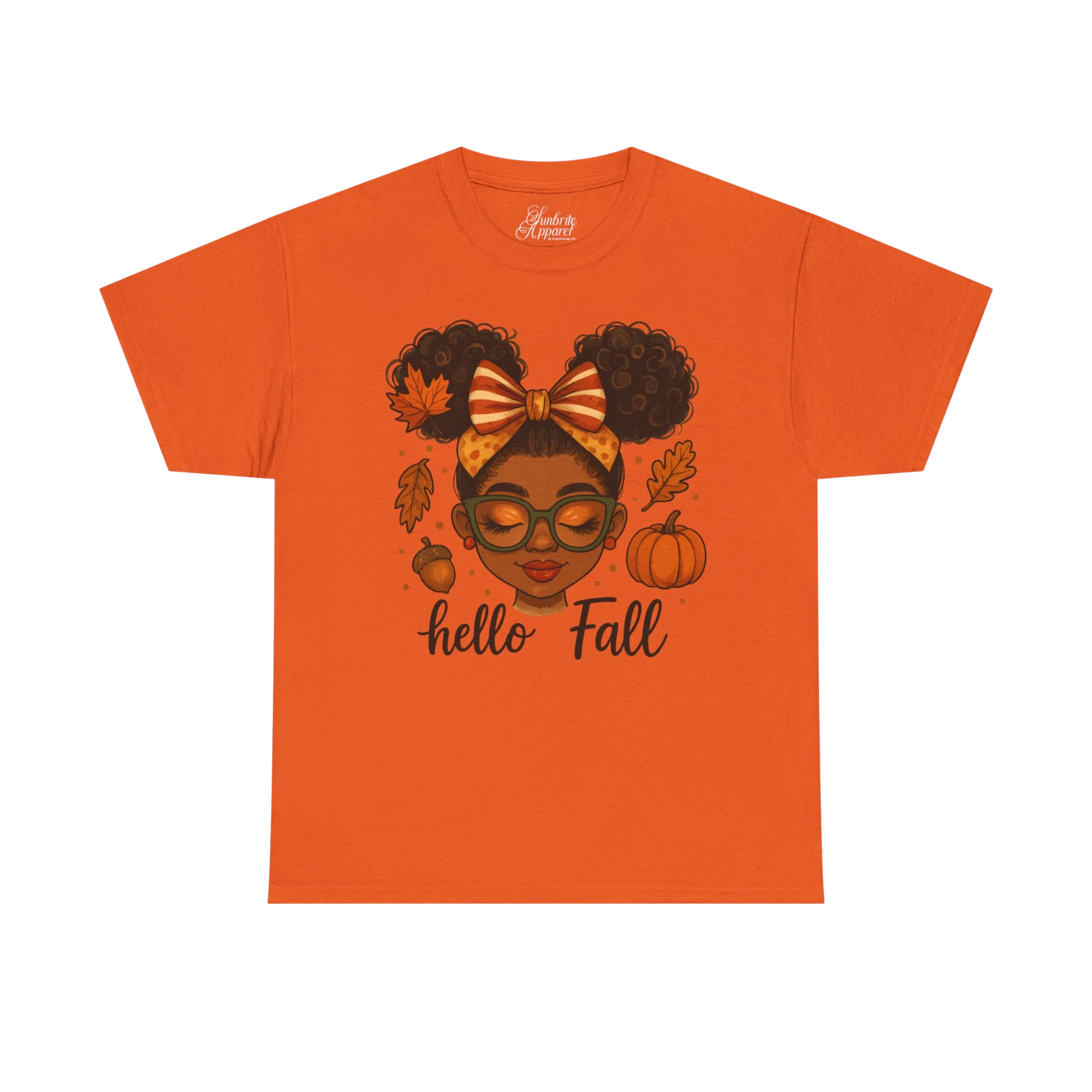 Orange t-shirt with a graphic of a girl with a bow, leaves, and pumpkins with 'hello Fall' text on a white background.