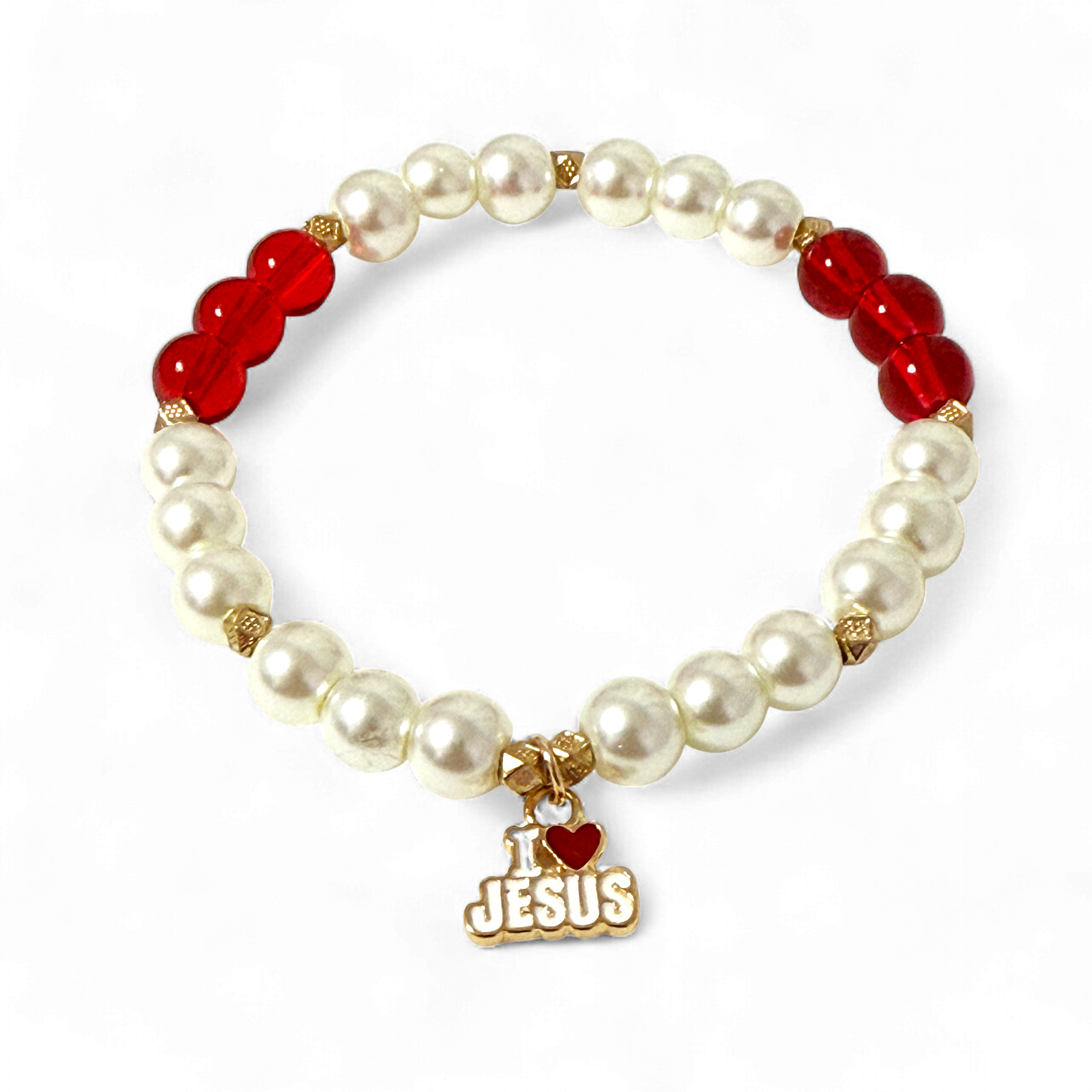 Bracelet with pearls, red beads, and 'I ❤️ JESUS' charm on a white background