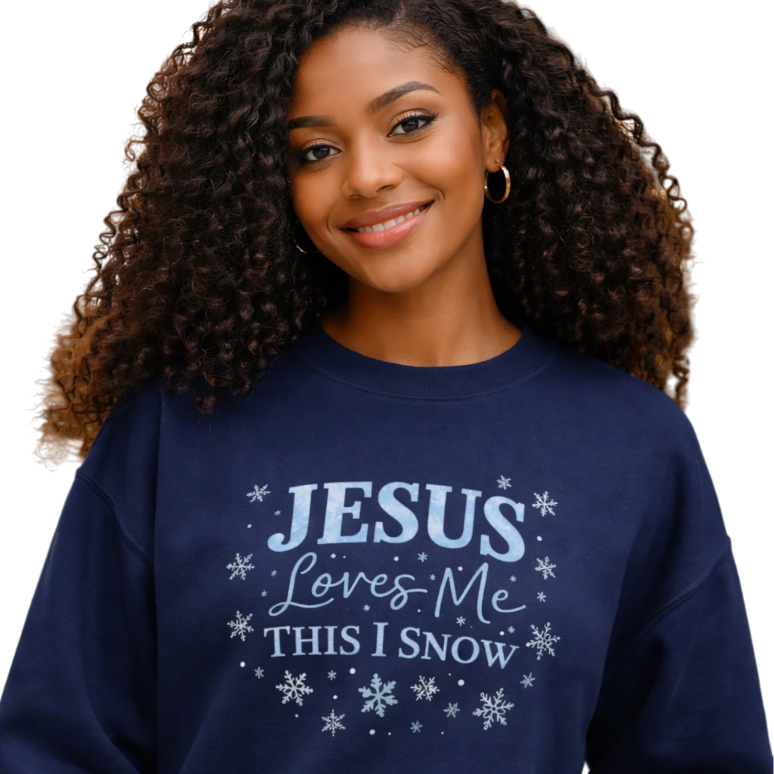 Woman wearing a navy blue sweatshirt with 'Jesus Loves Me, This I Snow' text
