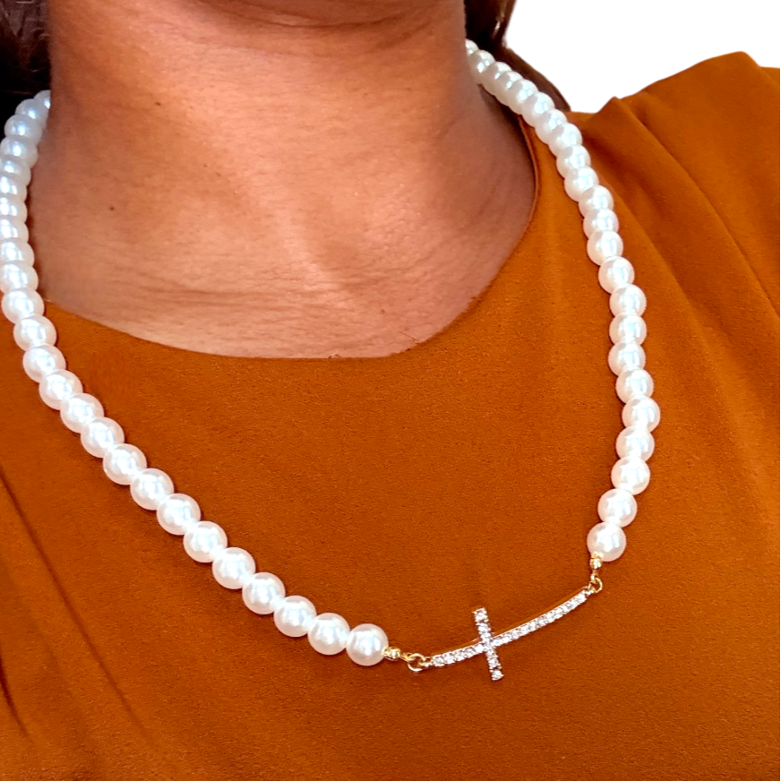 Gold Cross Pearl Necklace