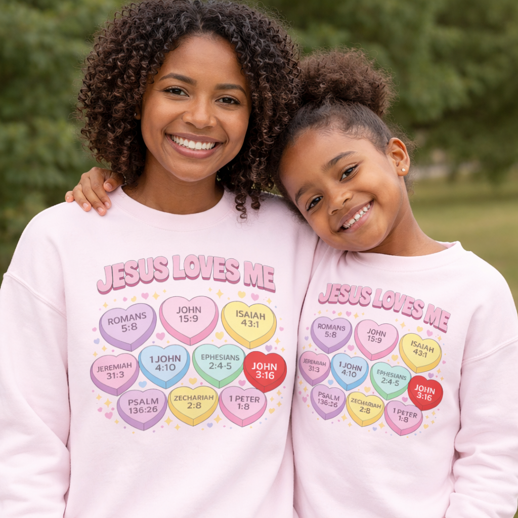 Jesus Loves Me – Valentine Scripture Candy Hearts Sweatshirt