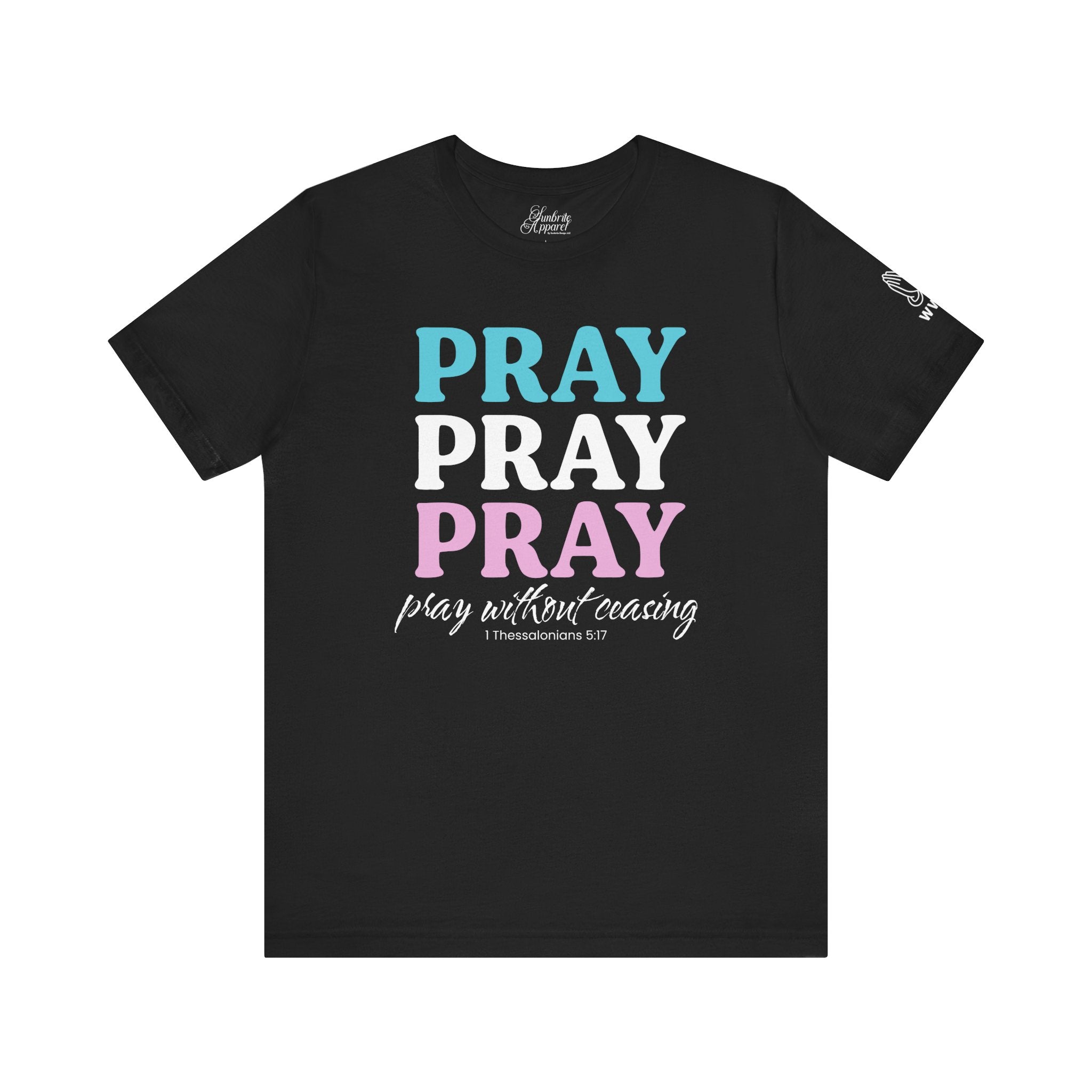 Black t-shirt with 'PRAY PRAY PRAY' text in blue, white, and pink on a white background