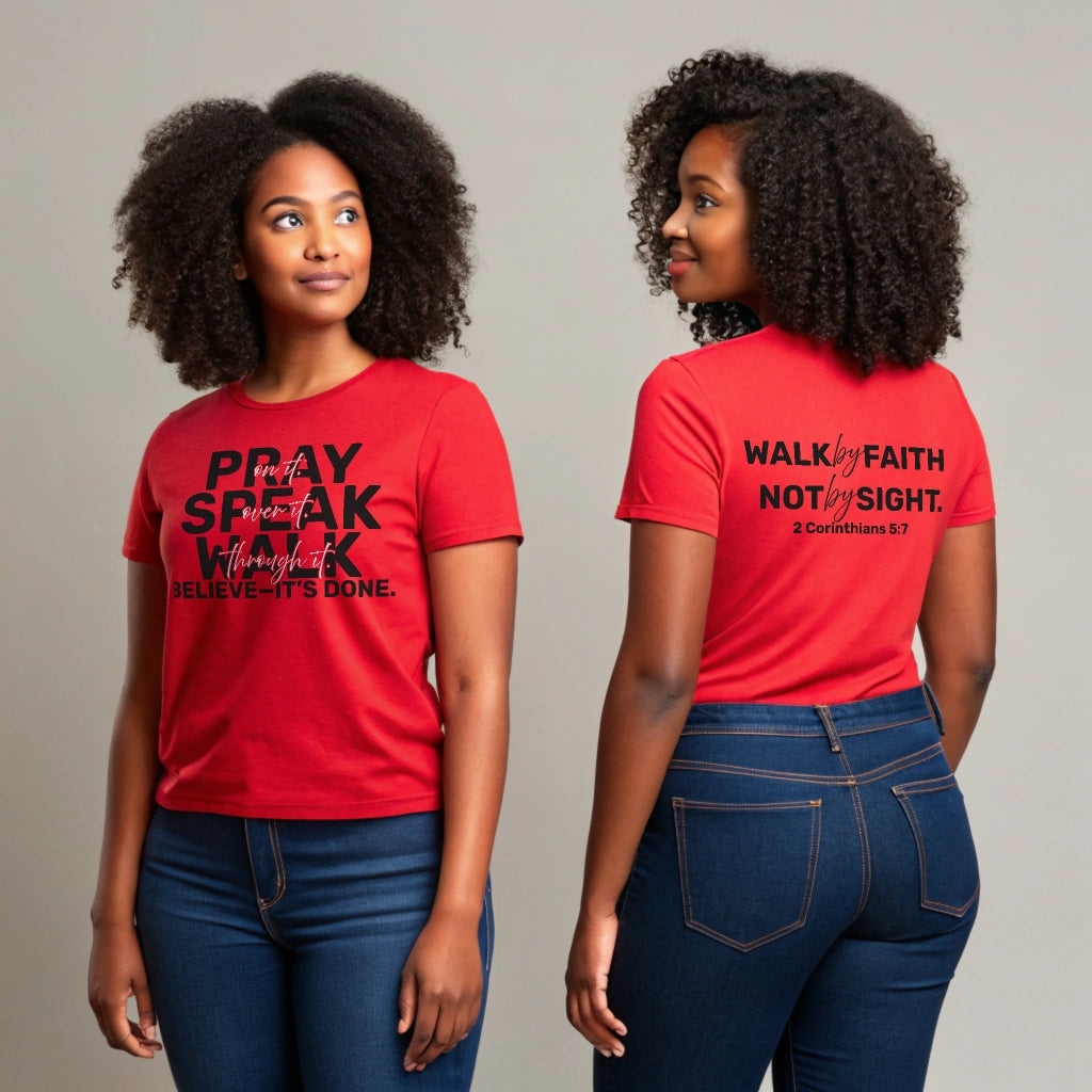 Two views of a person wearing a red t-shirt with motivational text, one front and one back.