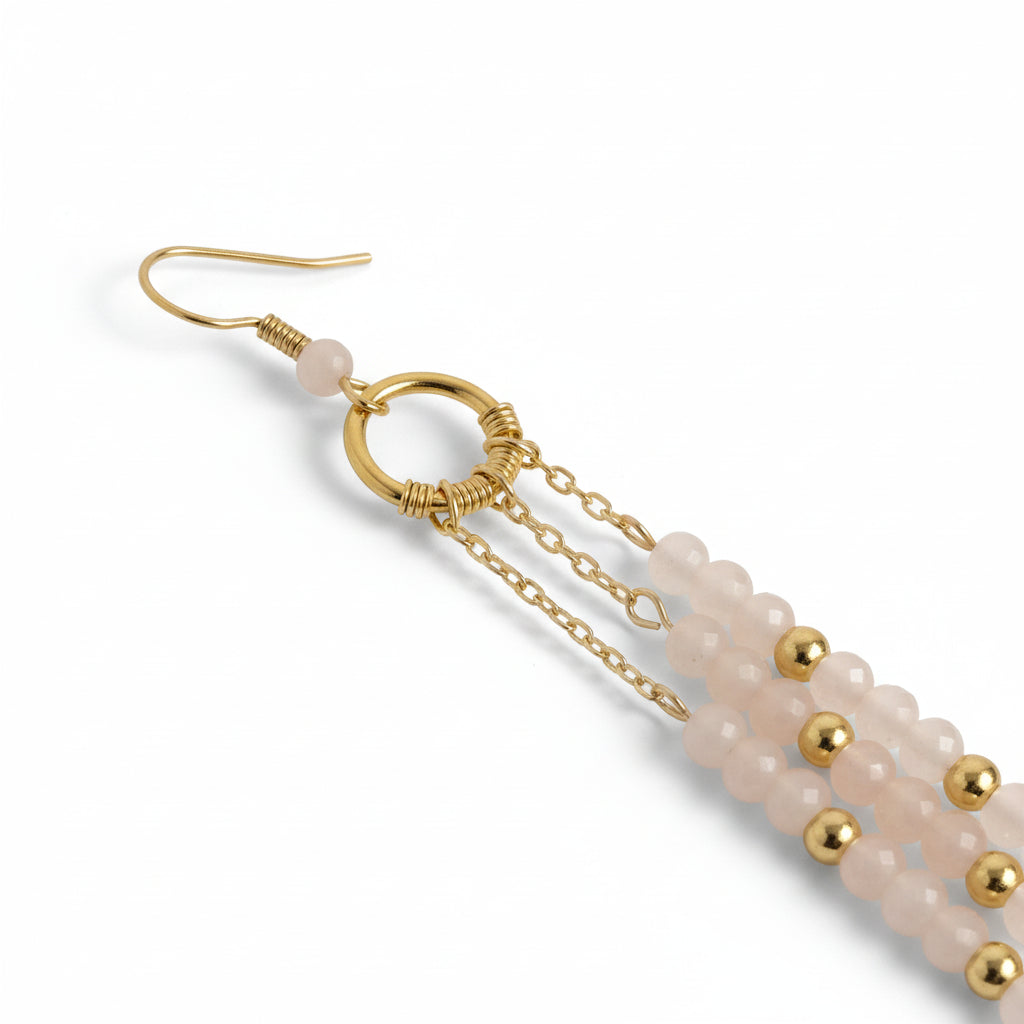 Gold and pearl beaded earrings on a white background