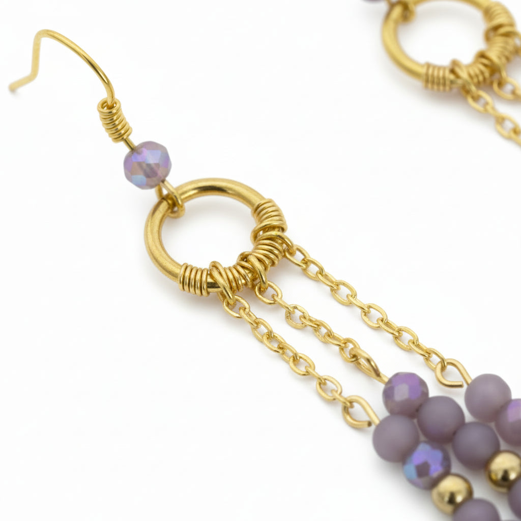 Gold earrings with purple beads on a white background