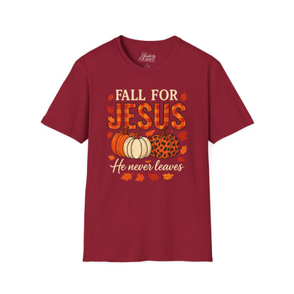 Christian Fall Unisex Softstyle T-Shirt - Fall for Jesus He Never Leaves Design