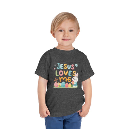 Jesus Loves Me Toddler Short Sleeve Tee - Cute Easter Rabbit Design