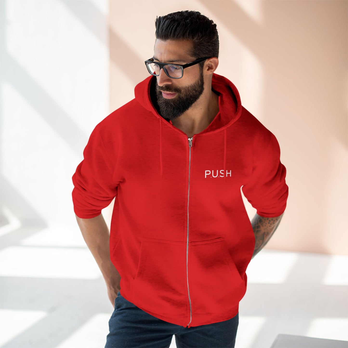 P.U.S.H. Prayer Unisex Zip Hoodie - Motivational Red Sweatshirt for Everyday Inspiration