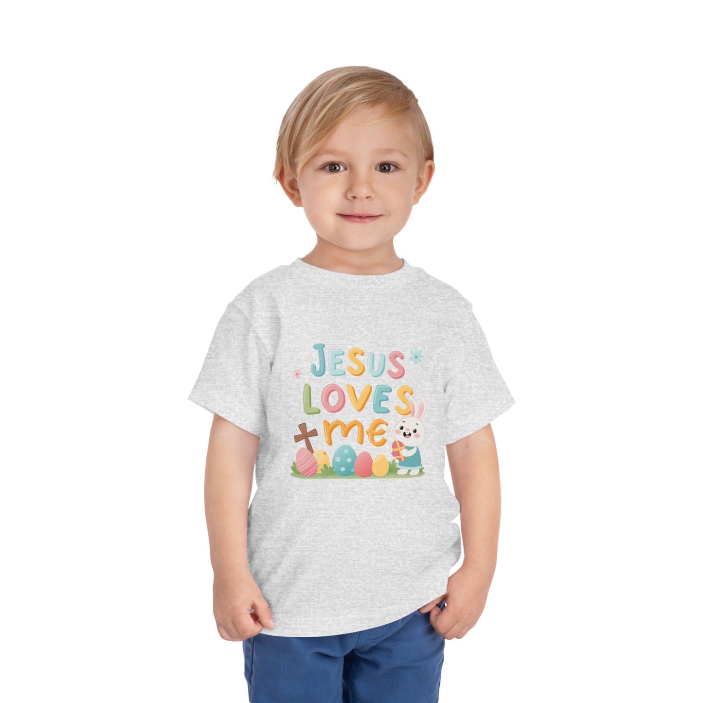 Jesus Loves Me Toddler Short Sleeve Tee - Cute Easter Rabbit Design