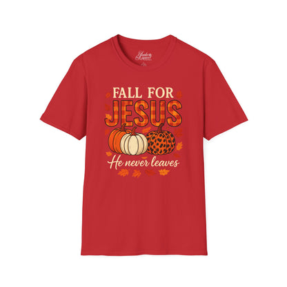 Christian Fall Unisex Softstyle T-Shirt - Fall for Jesus He Never Leaves Design