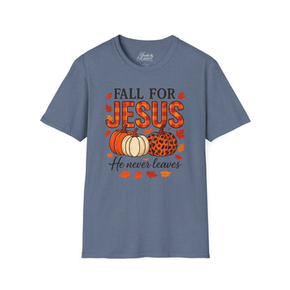 Christian Fall Unisex Softstyle T-Shirt - Fall for Jesus He Never Leaves Design