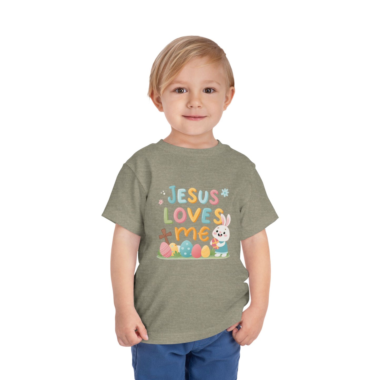 Jesus Loves Me Toddler Short Sleeve Tee - Cute Easter Rabbit Design