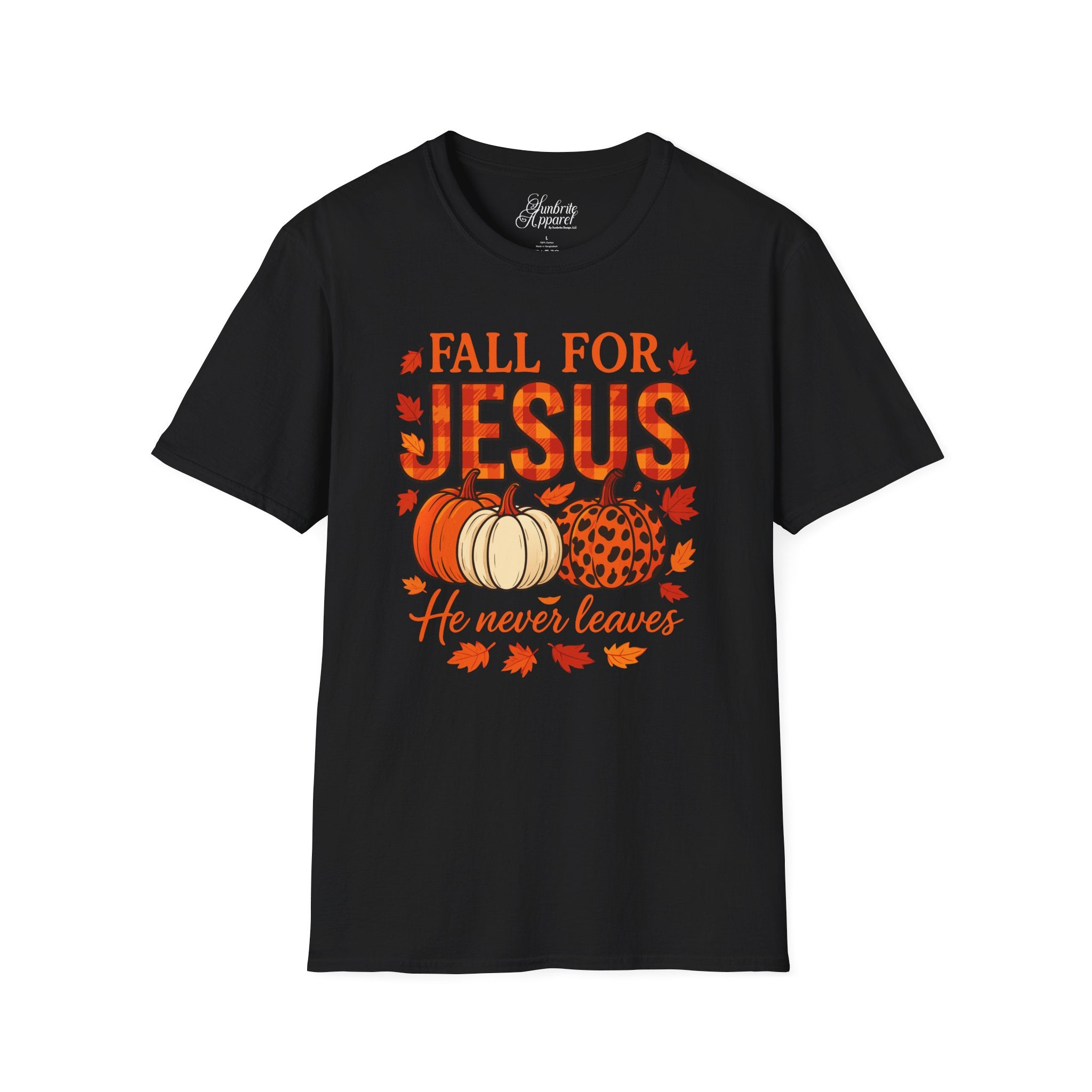 Christian Fall Unisex Softstyle T-Shirt - Fall for Jesus He Never Leaves Design