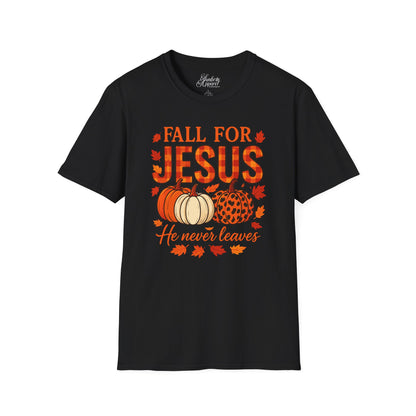 Christian Fall Unisex Softstyle T-Shirt - Fall for Jesus He Never Leaves Design