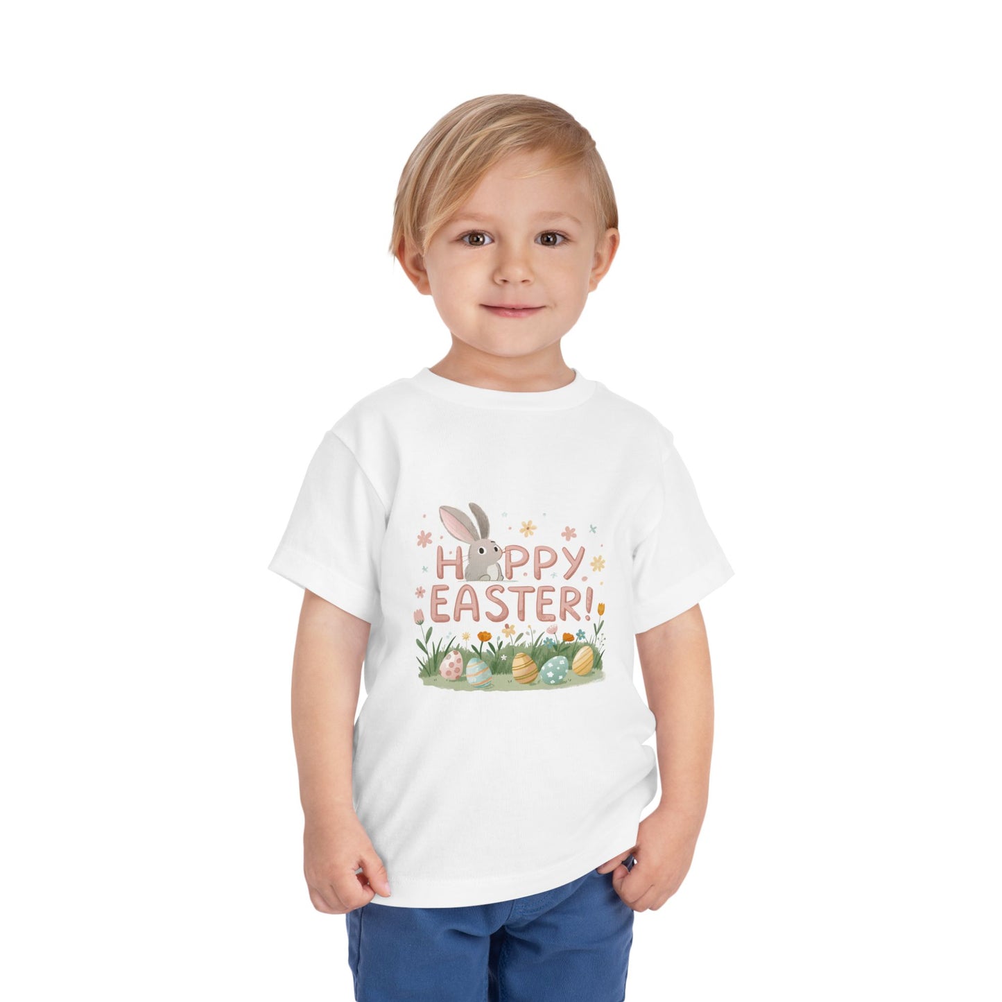 Happy Easter Toddler Tee - Cute Bunny & Colorful Eggs Design