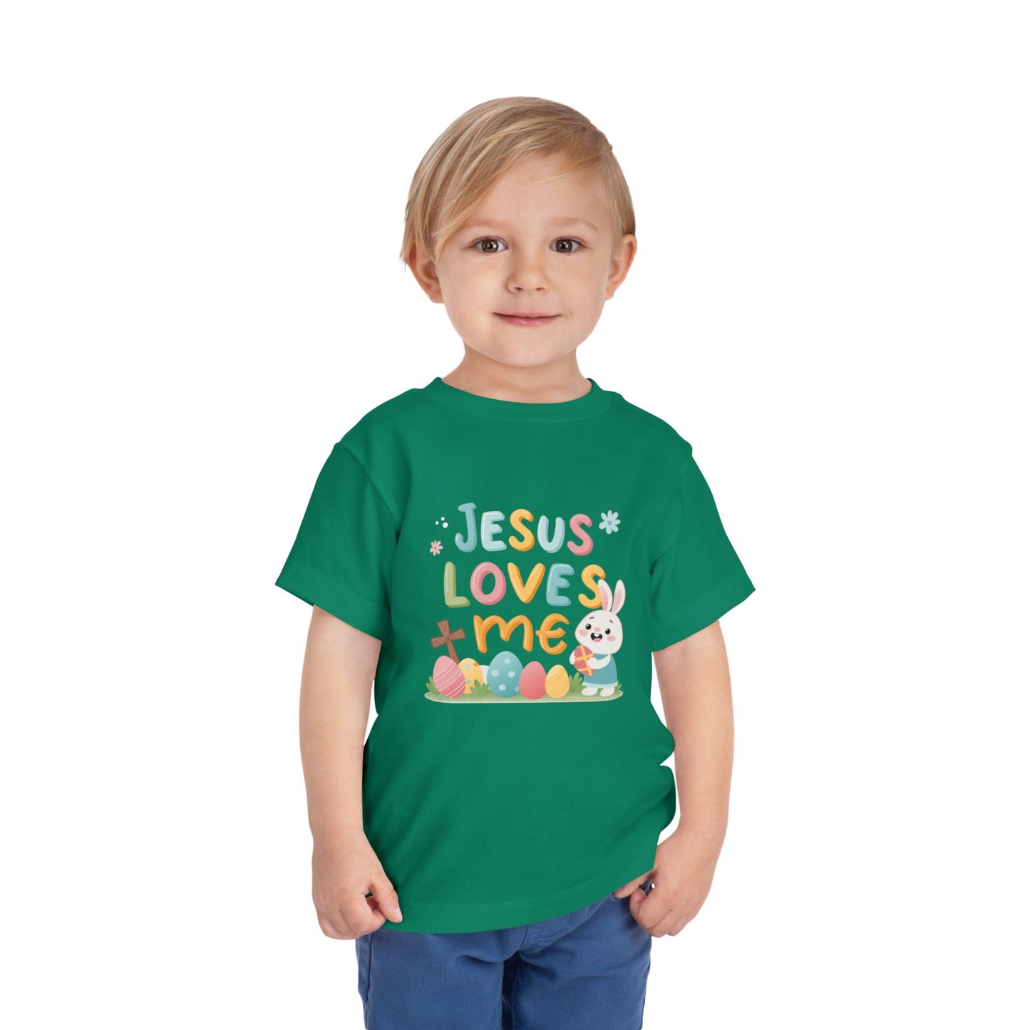 Jesus Loves Me Toddler Short Sleeve Tee - Cute Easter Rabbit Design