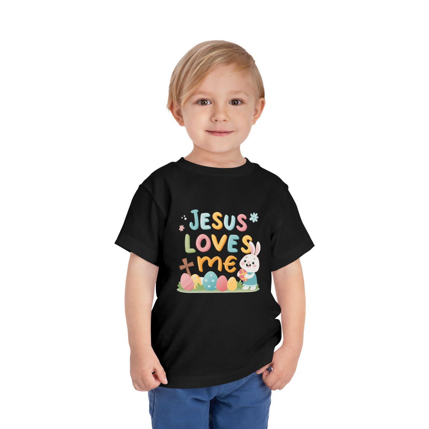 Jesus Loves Me Toddler Short Sleeve Tee - Cute Easter Rabbit Design