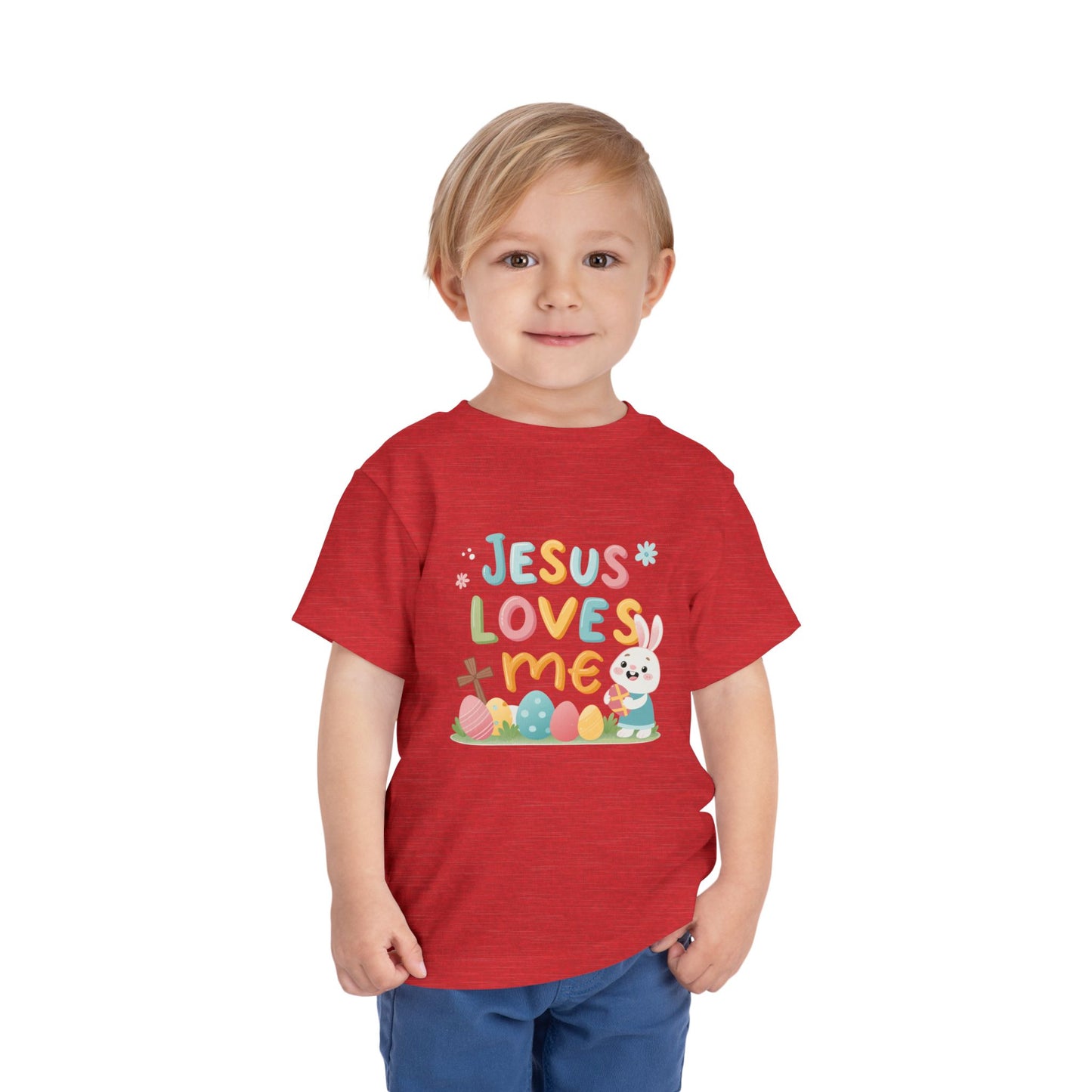 Jesus Loves Me Toddler Short Sleeve Tee - Cute Easter Rabbit Design