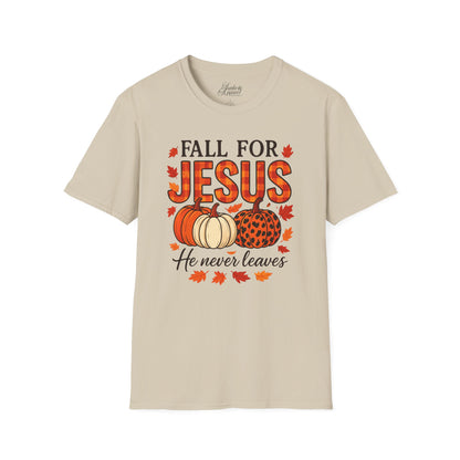 Christian Fall Unisex Softstyle T-Shirt - Fall for Jesus He Never Leaves Design