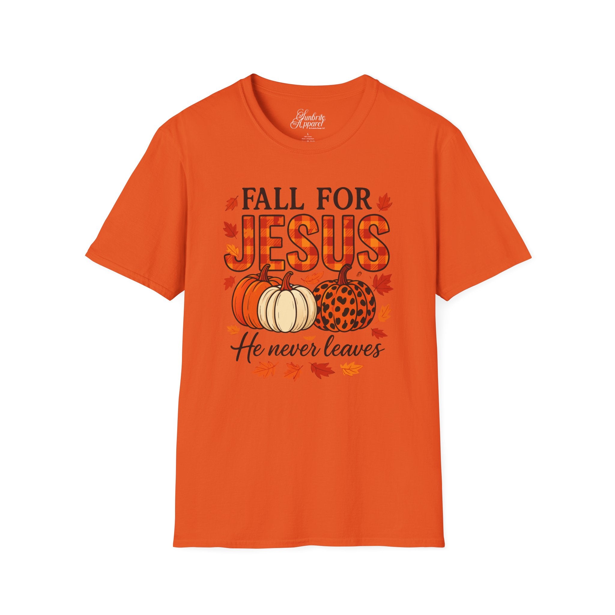 Christian Fall Unisex Softstyle T-Shirt - Fall for Jesus He Never Leaves Design