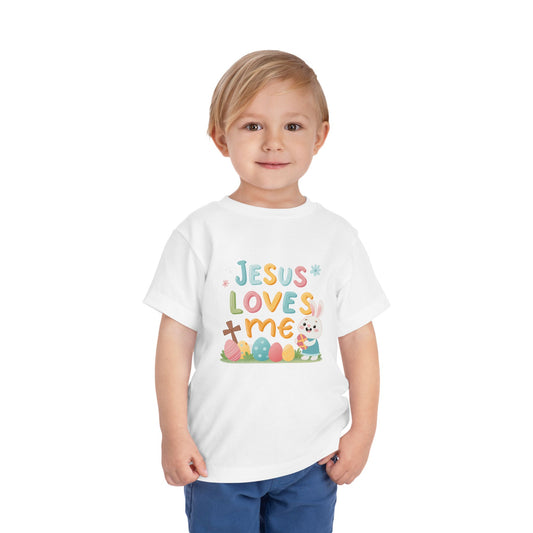 Jesus Loves Me Toddler Short Sleeve Tee - Cute Easter Rabbit Design