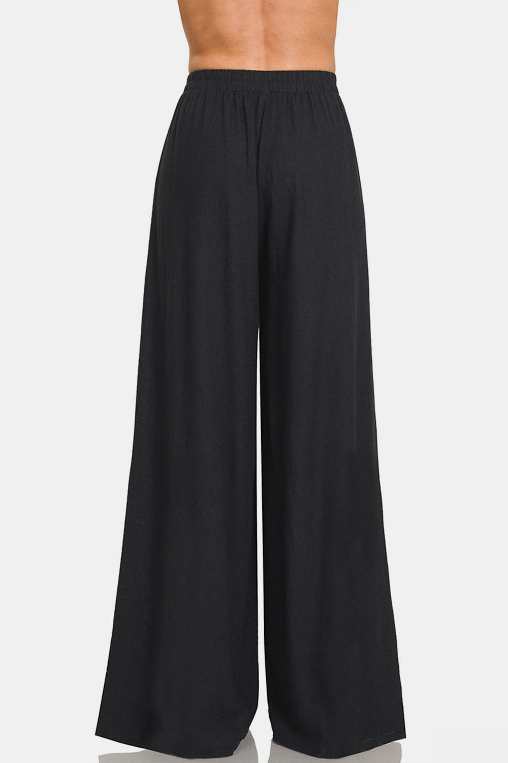 Black Pleated Linen Blend Wide Leg Pants