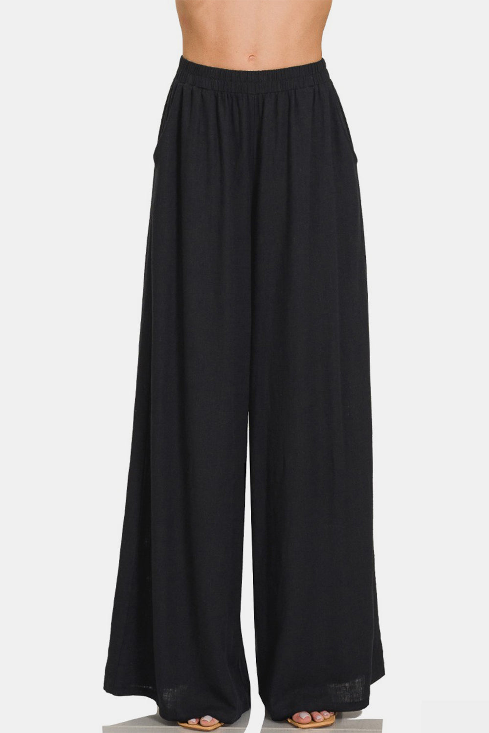 Black Pleated Linen Blend Wide Leg Pants