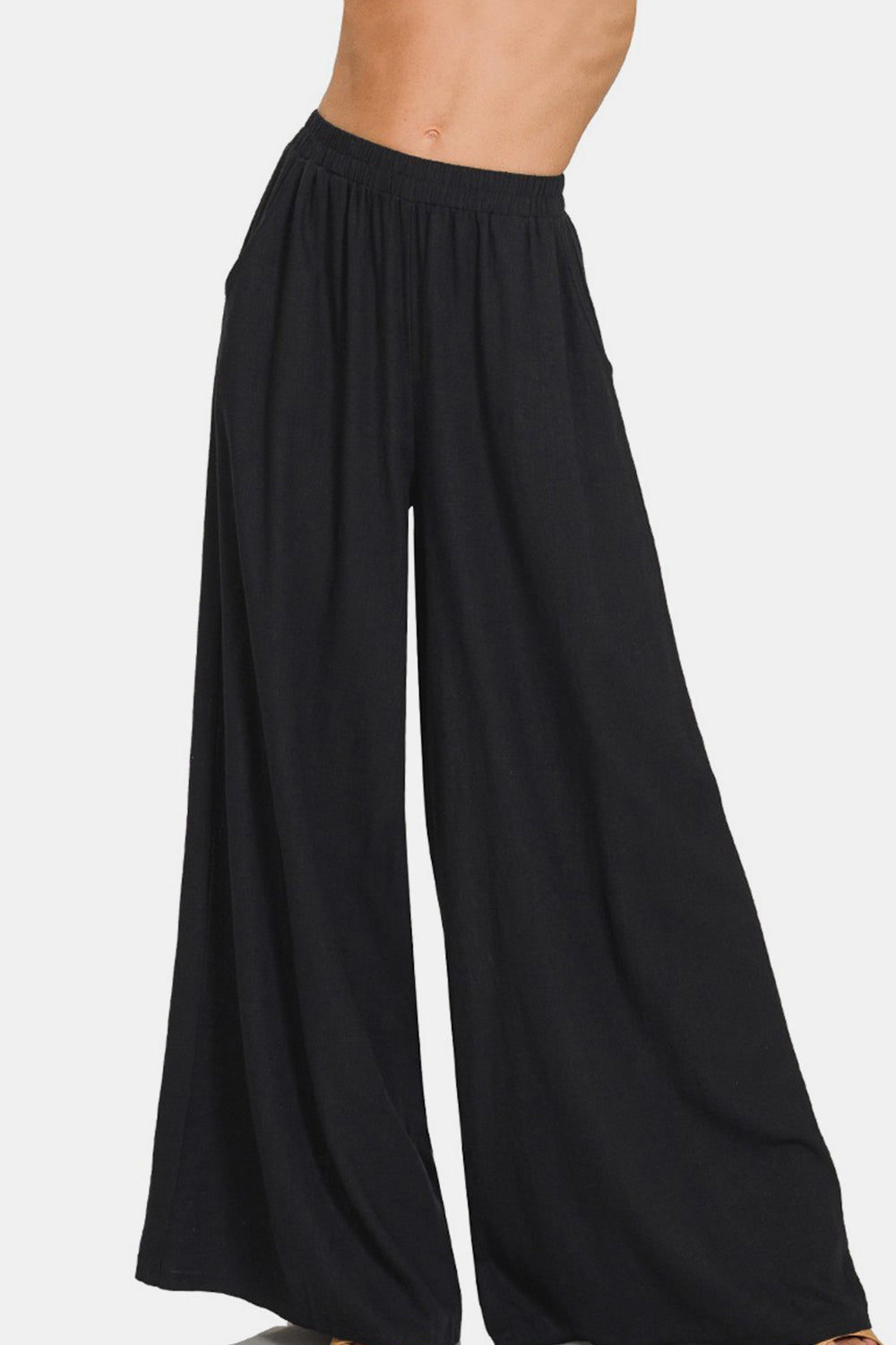 Black Pleated Linen Blend Wide Leg Pants