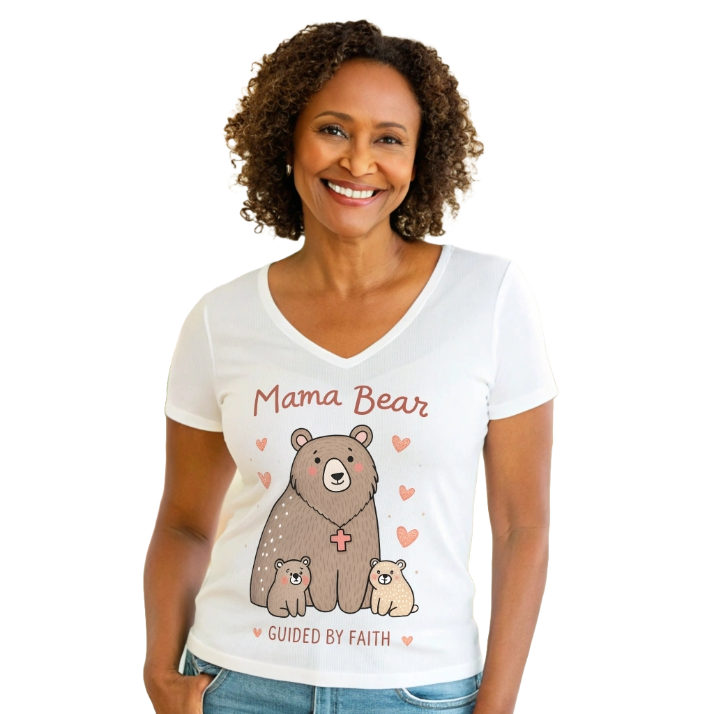 Mama Bear Guided by Faith Ladies' V-Neck T-Shirt