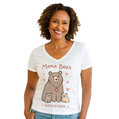 Mama Bear Guided by Faith Ladies' V-Neck T-Shirt