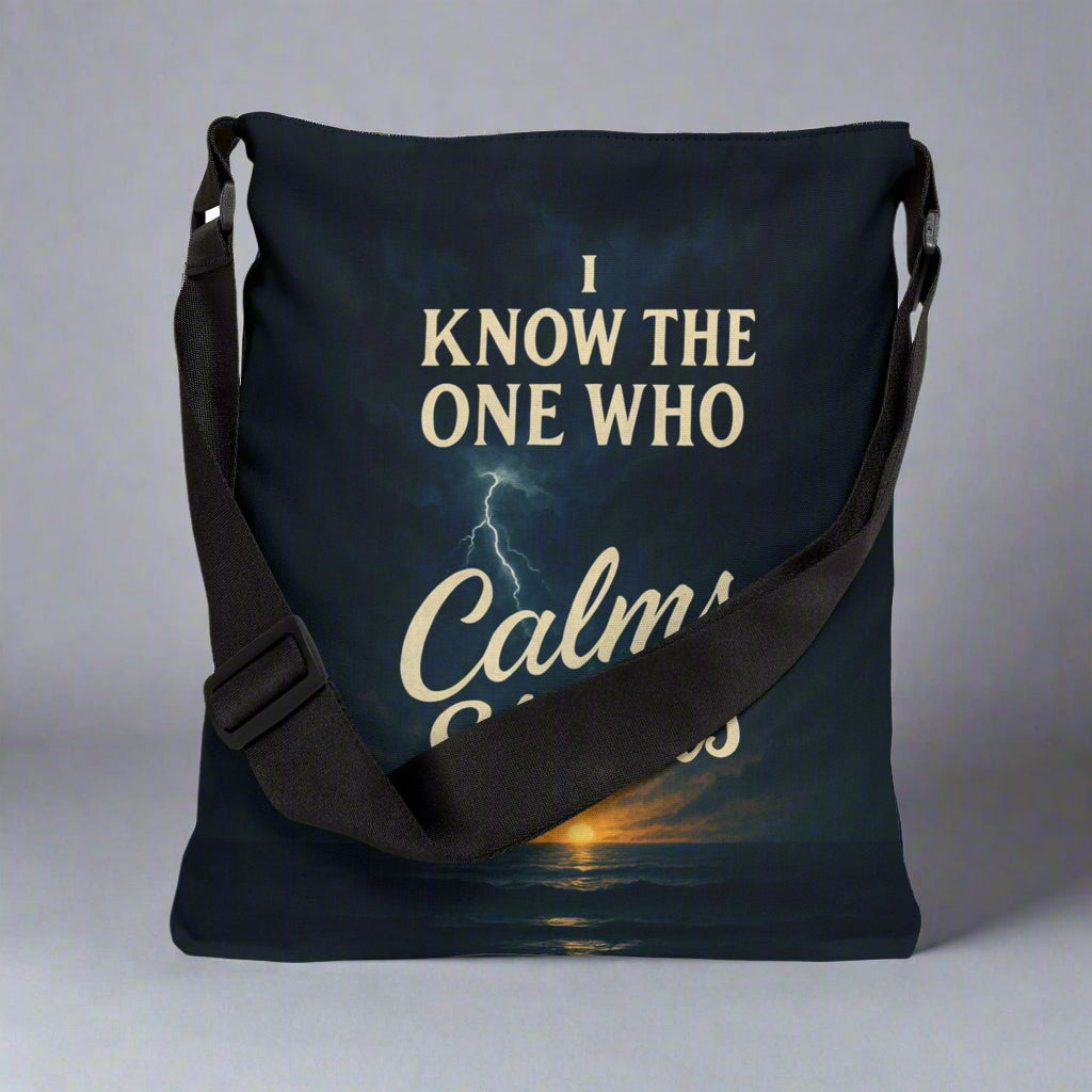 Bag with text 'I know the one who calms the storm' and a sunset design on a white background