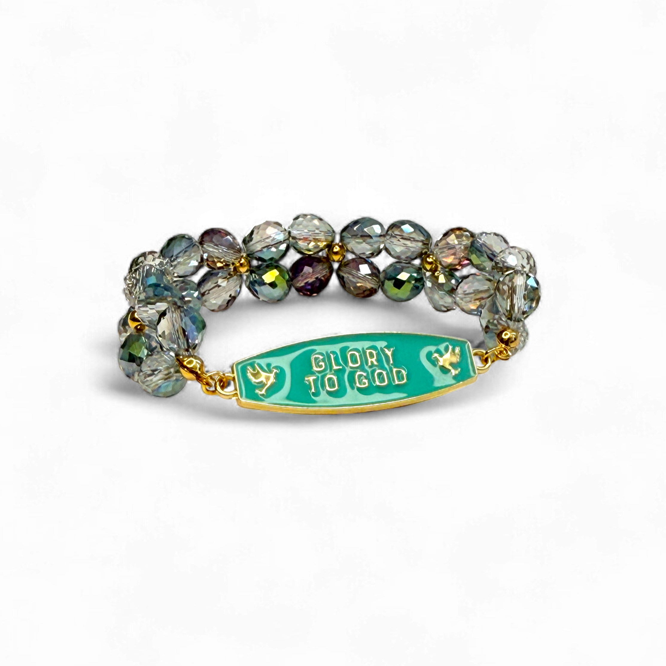 Multicolored beaded bracelet with a green tag on a white background