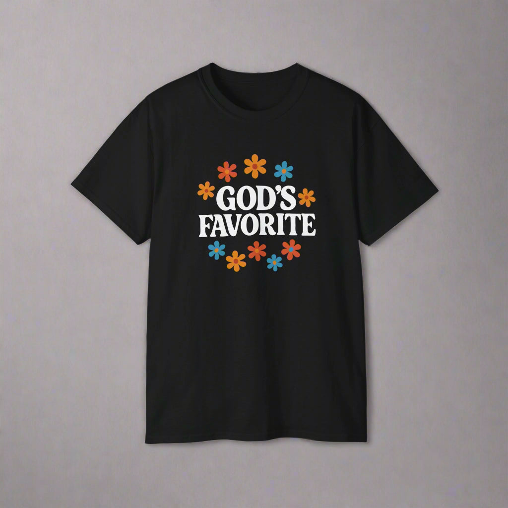 Black t-shirt with 'GOD'S FAVORITE' text and colorful flowers on a white background