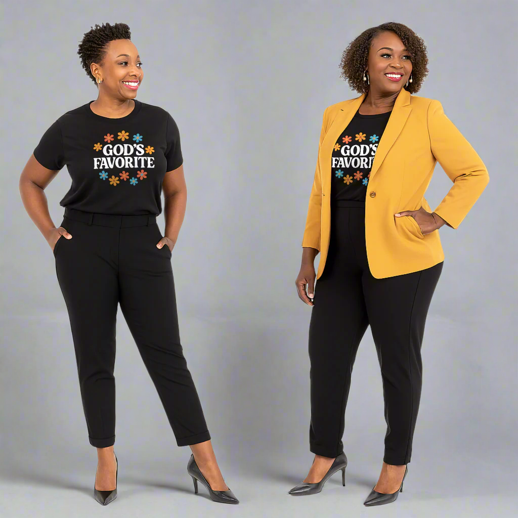 Two women wearing black outfits with 'GOD'S FAVORITE' text, one in a yellow blazer.