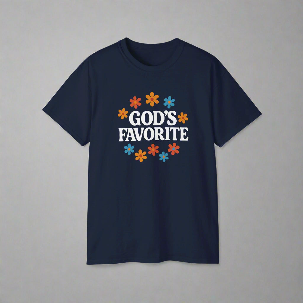 Navy blue t-shirt with 'GOD'S FAVORITE' text and colorful flowers on a white background