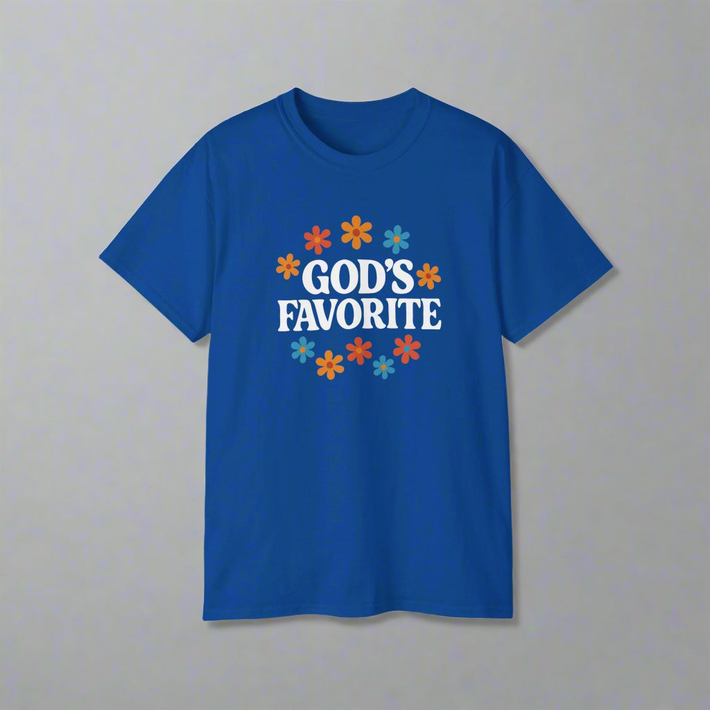 Blue t-shirt with 'GOD'S FAVORITE' text and colorful flowers on a white background