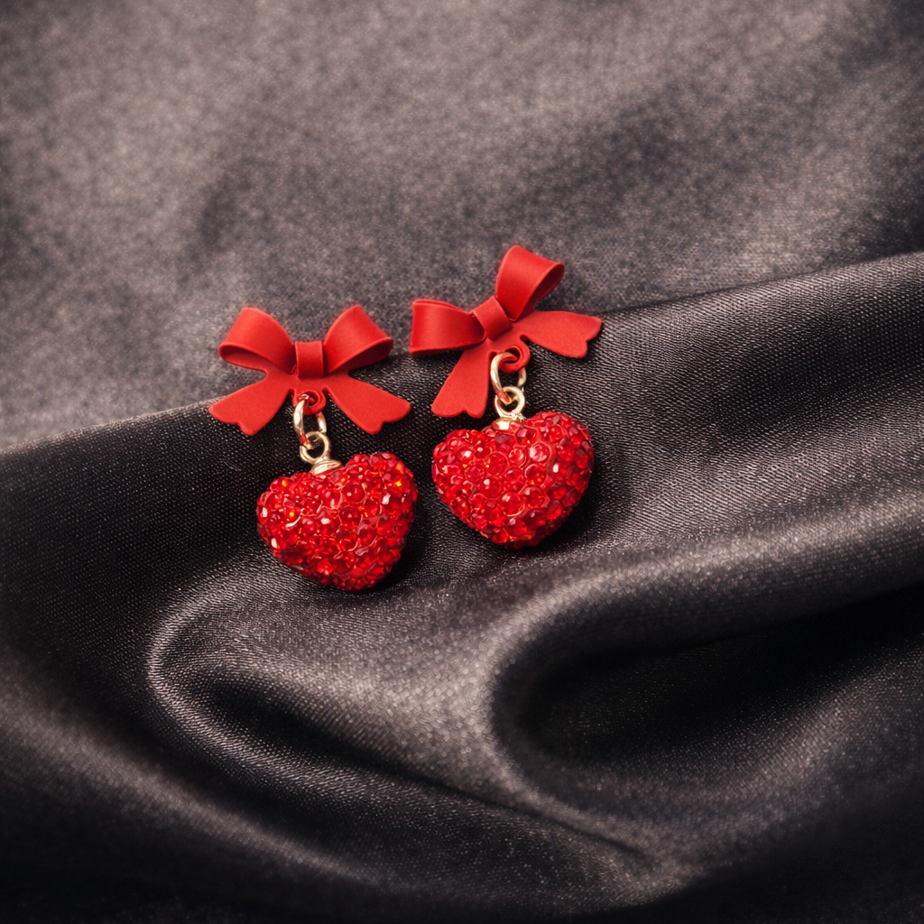 Red heart-shaped earrings with bows on a dark fabric background