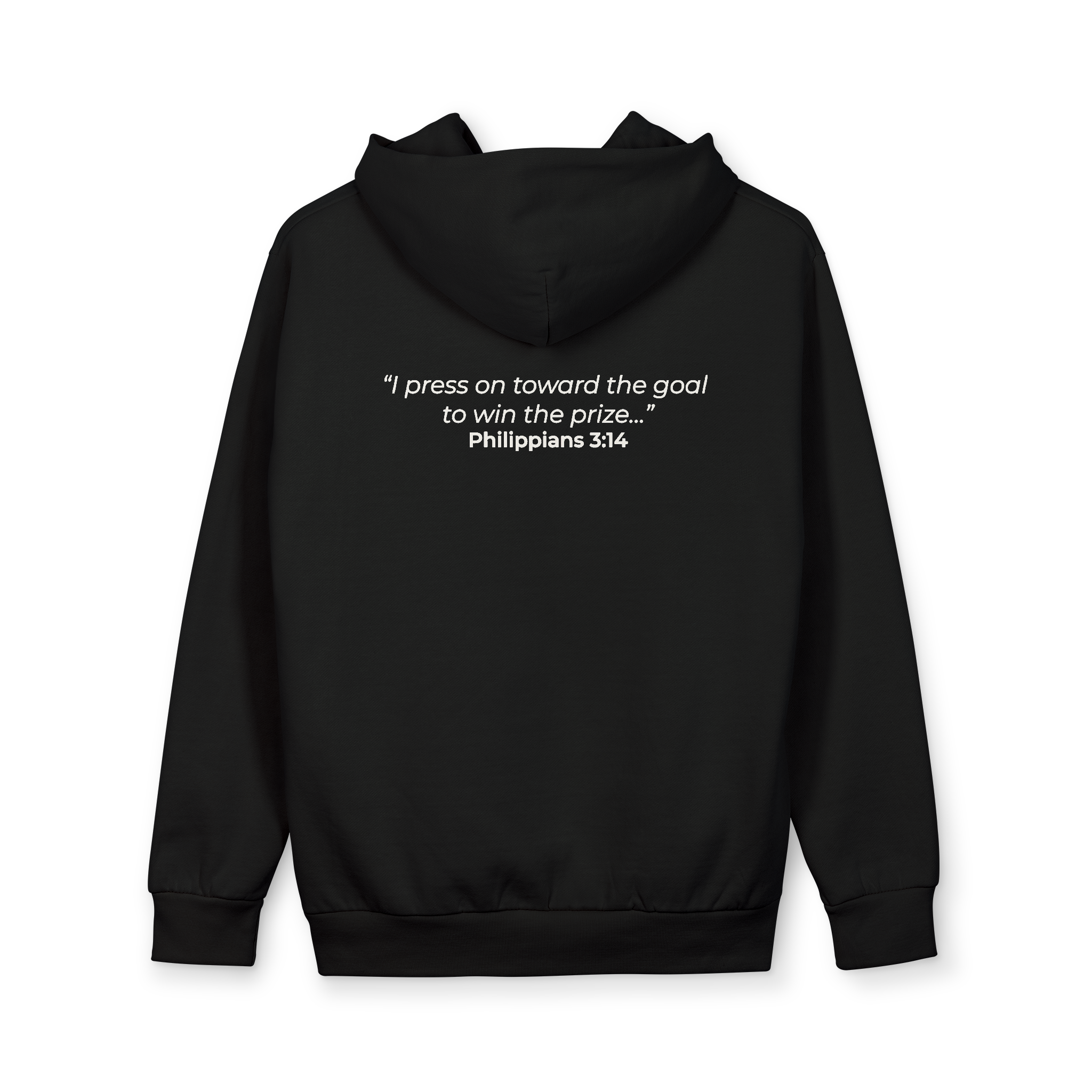 Black hoodie with text on the back on a white background
