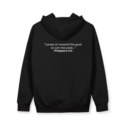 Black hoodie with text on the back on a white background