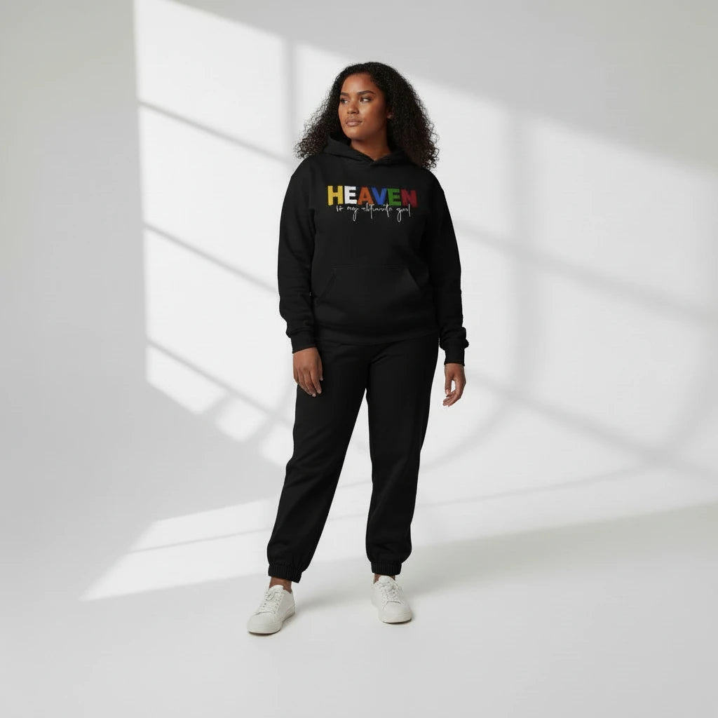 Person wearing a black sweatshirt with 'HEAVEN' printed on it against a white background