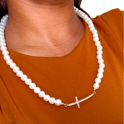 Gold Cross Pearl Necklace