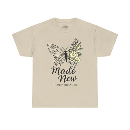Beige t-shirt with butterfly and floral design on a white background